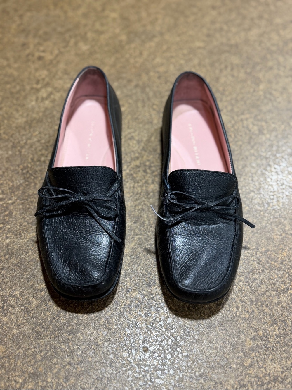 ANTONIO MELANI Black Leather Bow Loafers with Pink Insole